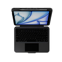 A black tablet keyboard case with an attached keyboard and trackpad, shown open against a plain white background. The tablet screen is lit with a blue and white abstract wallpaper.