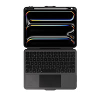 A black tablet or laptop-style device shown open from above, with a full keyboard and trackpad attached. The screen area has a glossy black finish with iridescent rainbow reflections.