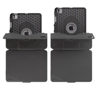 Two dark gray protective iPad cases shown side by side on a white background, each with a tablet inserted and the case open to show the kickstand and back pattern.