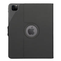 A dark gray protective iPad case with a circular cutout in the center showing the Apple logo, displayed on a clean white background.