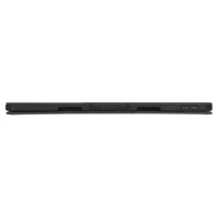 A close-up side view of a black tablet or laptop showing the thin edge, ports, and buttons along the bottom, set against a plain white background.