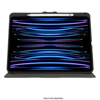 A black tablet case with a built-in stylus on the top edge, shown in a landscape orientation on a white background. The tablet screen displays a colorful abstract wallpaper with blue, purple, and yellow glowing wave patterns.
