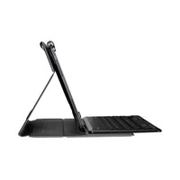 Black tablet keyboard case with stylus on a white background