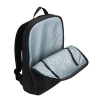 Black backpack with open compartments on a white background