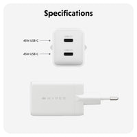 White Hyper-branded 45W USB-C charger shown with a 'Specifications' header, displaying front and side views with connector labels USB/C1 and USB/C2.