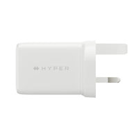 A white Hyper power adapter with a two-pin plug, featuring the Hyper logo printed in gray on the front, set against a plain white background.
