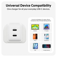 A white dual USB-C charger shown on a clean light gray background with marketing text reading 'Universal Device Compatibility' and a compatibility panel listing devices such as MacBook, PC Laptop, iPhone, Smartphone, iPad, and Portable Gaming devices.