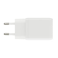 A minimalist white wall charger with a European two-pin plug, shown from a top-down perspective on a solid white background.